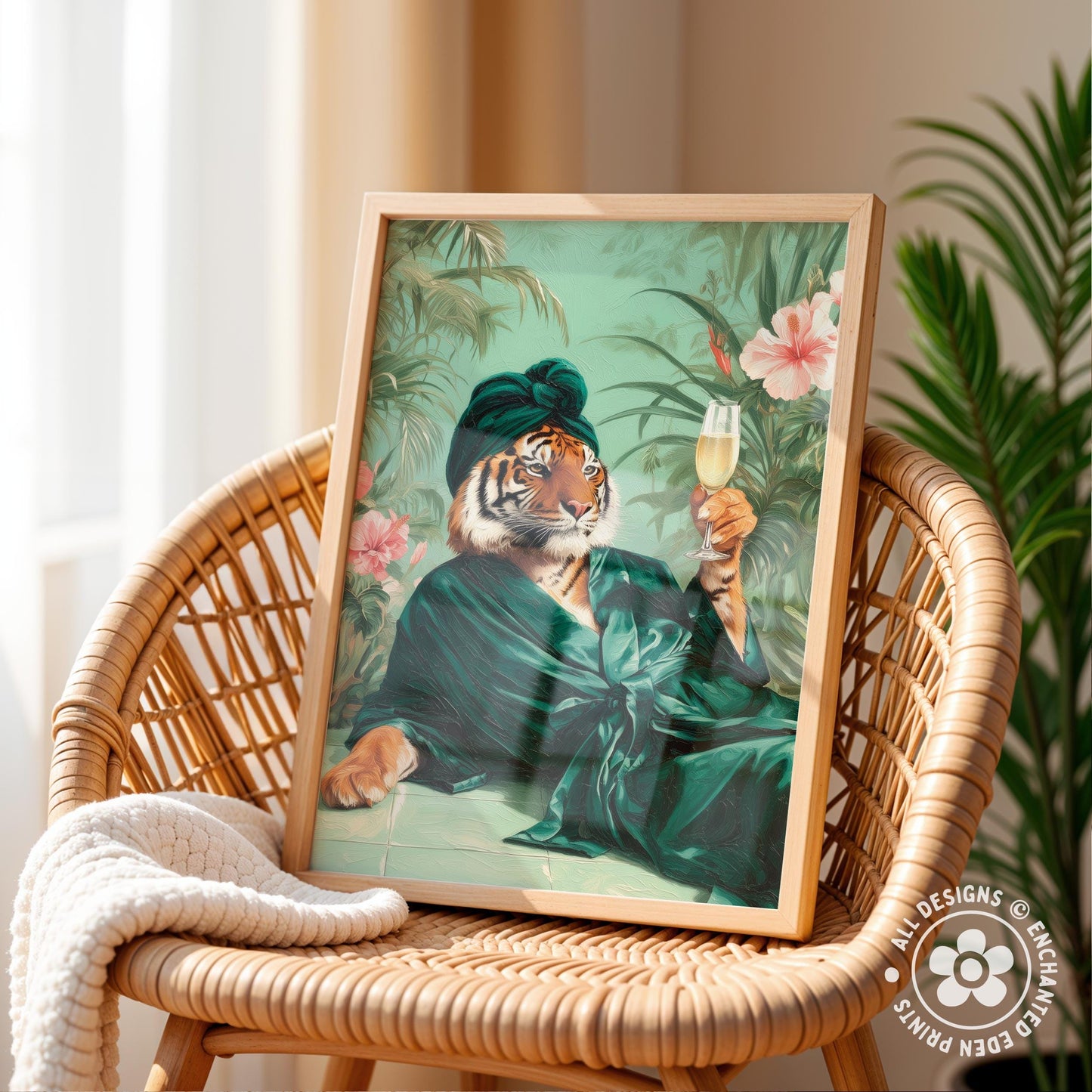 A framed painting of a tiger wearing a green robe and holding a glass of wine, set against a tropical background with palm trees and pink flowers.