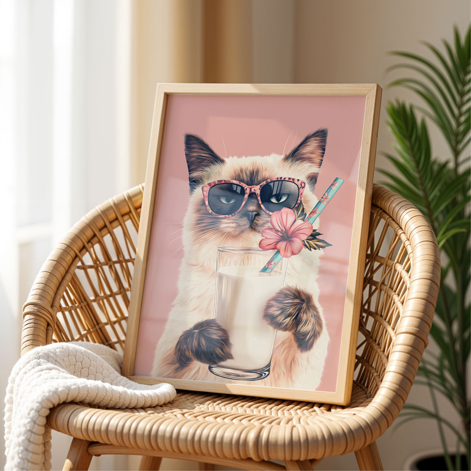 a picture of a cat wearing sunglasses and holding a drink