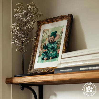 a wooden shelf with a framed picture of a person in a green robe, a vase of white flowers, and a stack of books.