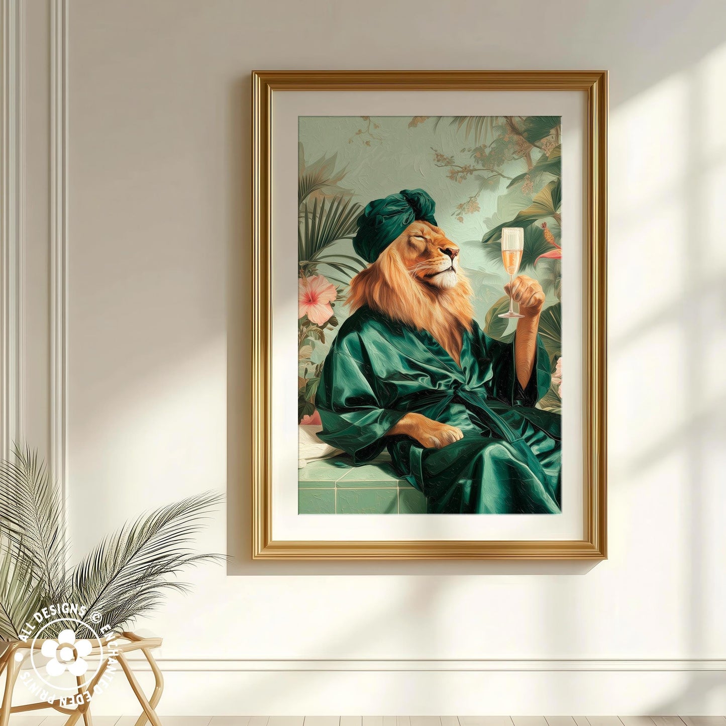 A framed painting depicting a lion wearing a green robe and holding a glass of champagne, with a tropical background.
