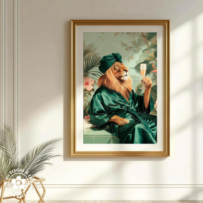 A framed painting depicting a lion wearing a green robe and holding a glass of champagne, with a tropical background.