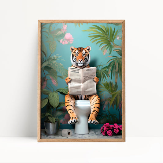 A tiger is sitting on a toilet and reading a newspaper, surrounded by a tropical jungle scene with pink flowers and green leaves.