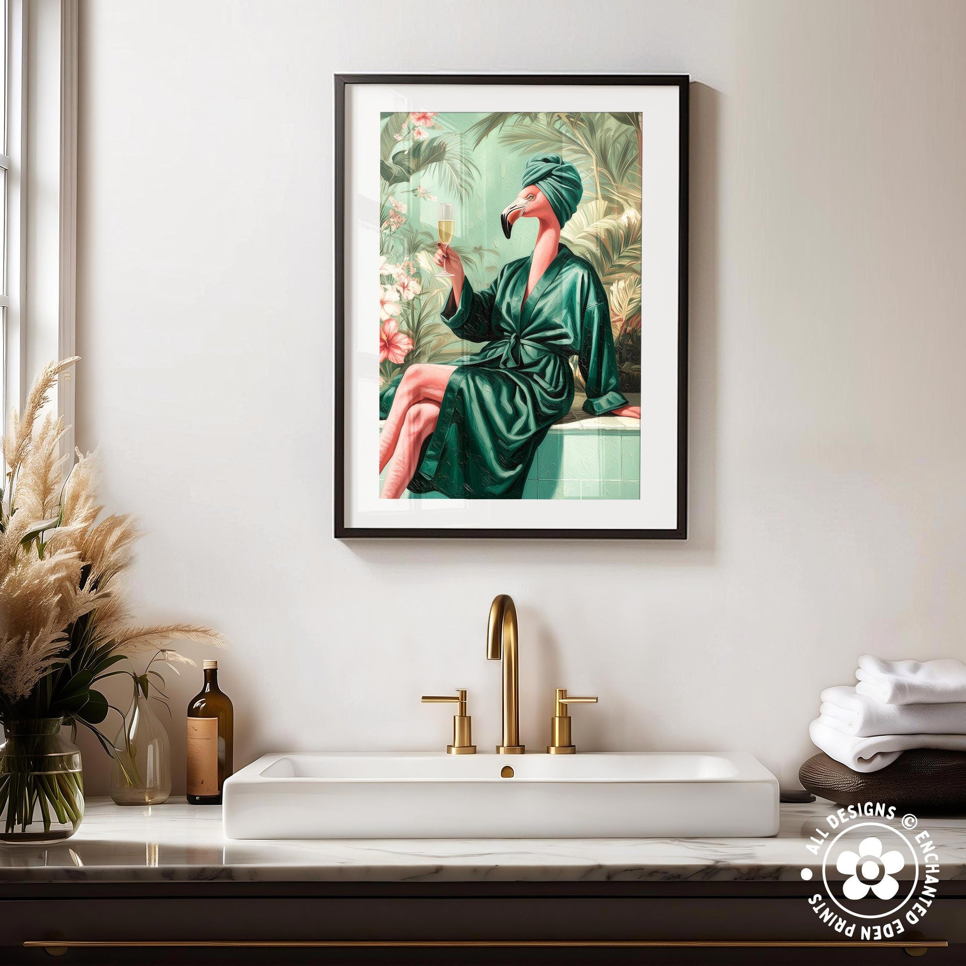 a framed painting of a woman in a green bathrobe sitting in a bathtub, holding a drink, with a gold faucet above the sink.