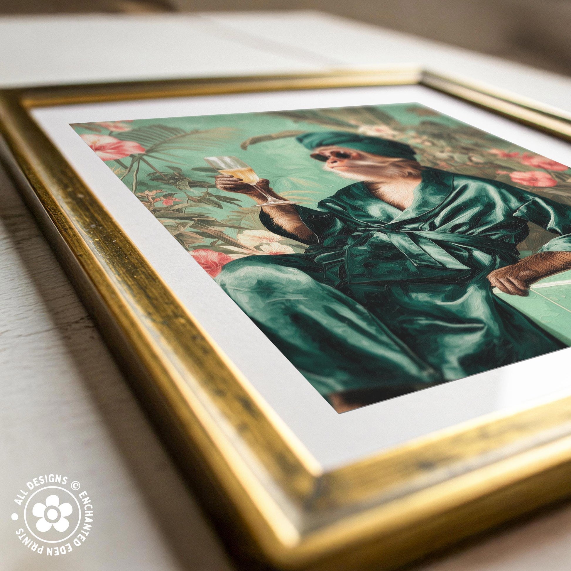 a painting of a person wearing a green robe and holding a drink, set against a floral background.