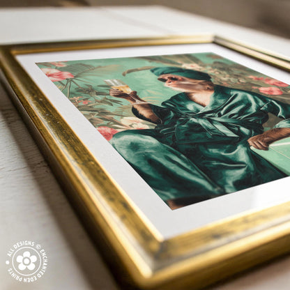 a painting of a person wearing a green robe and holding a drink, set against a floral background.