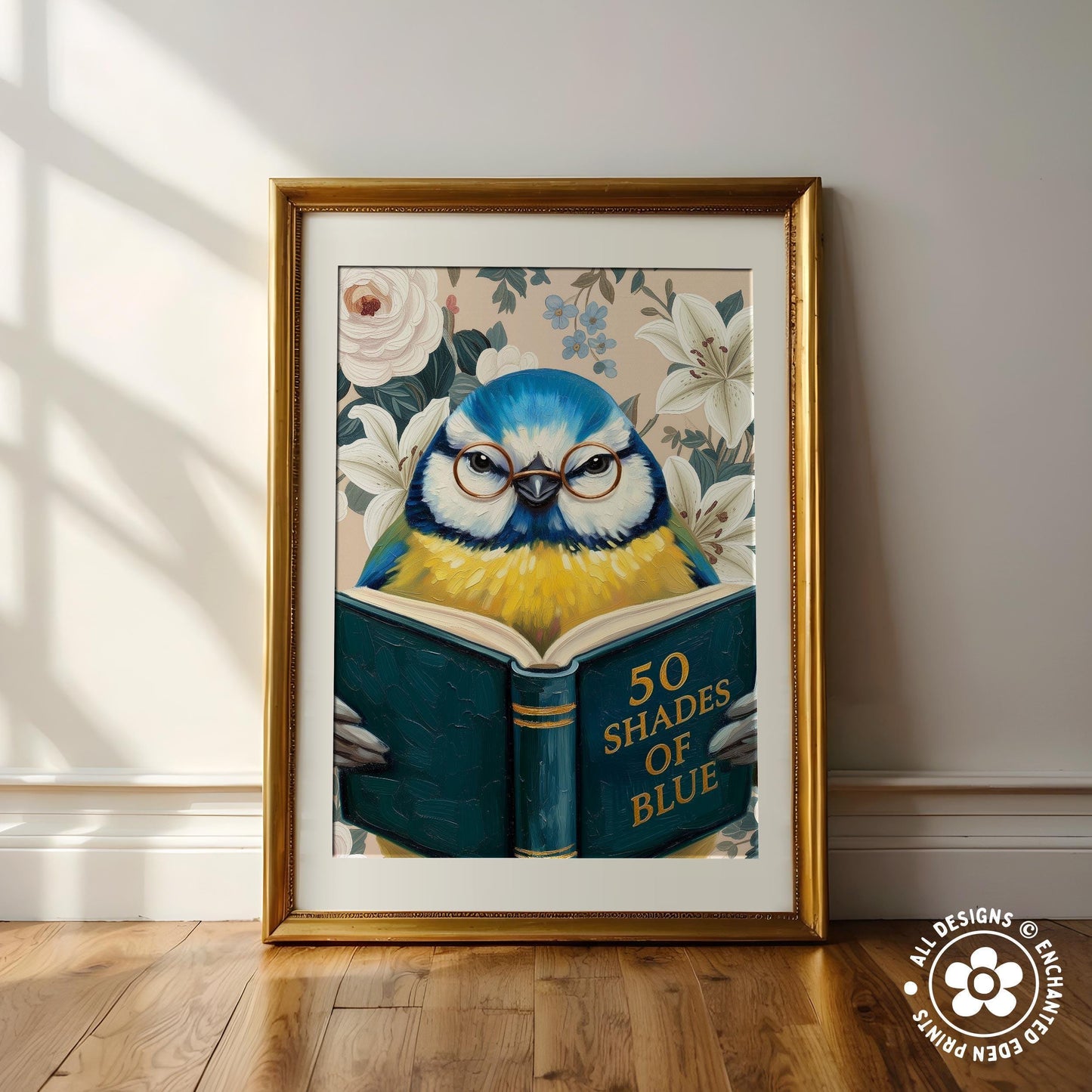 Funny Blue Tit Reading Book Art – Quirky Bird Lover Wall Decor