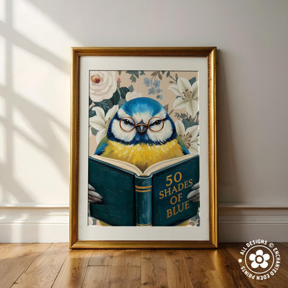 Funny Blue Tit Reading Book Art – Quirky Bird Lover Wall Decor