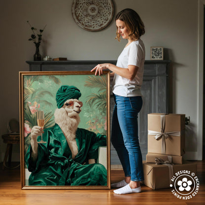A woman stands next to a large framed painting depicting a llama wearing a green robe and holding a glass of champagne.