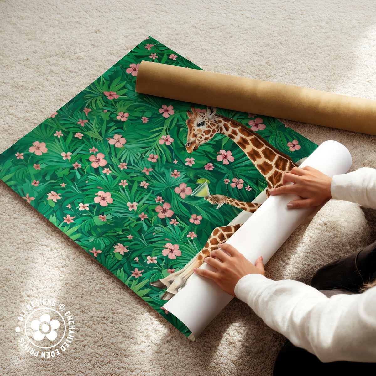 A person is carefully unfolding a roll of paper with a vibrant, tropical-themed wallpaper pattern featuring a giraffe and lush greenery.