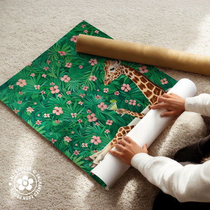 A person is carefully unfolding a roll of paper with a vibrant, tropical-themed wallpaper pattern featuring a giraffe and lush greenery.