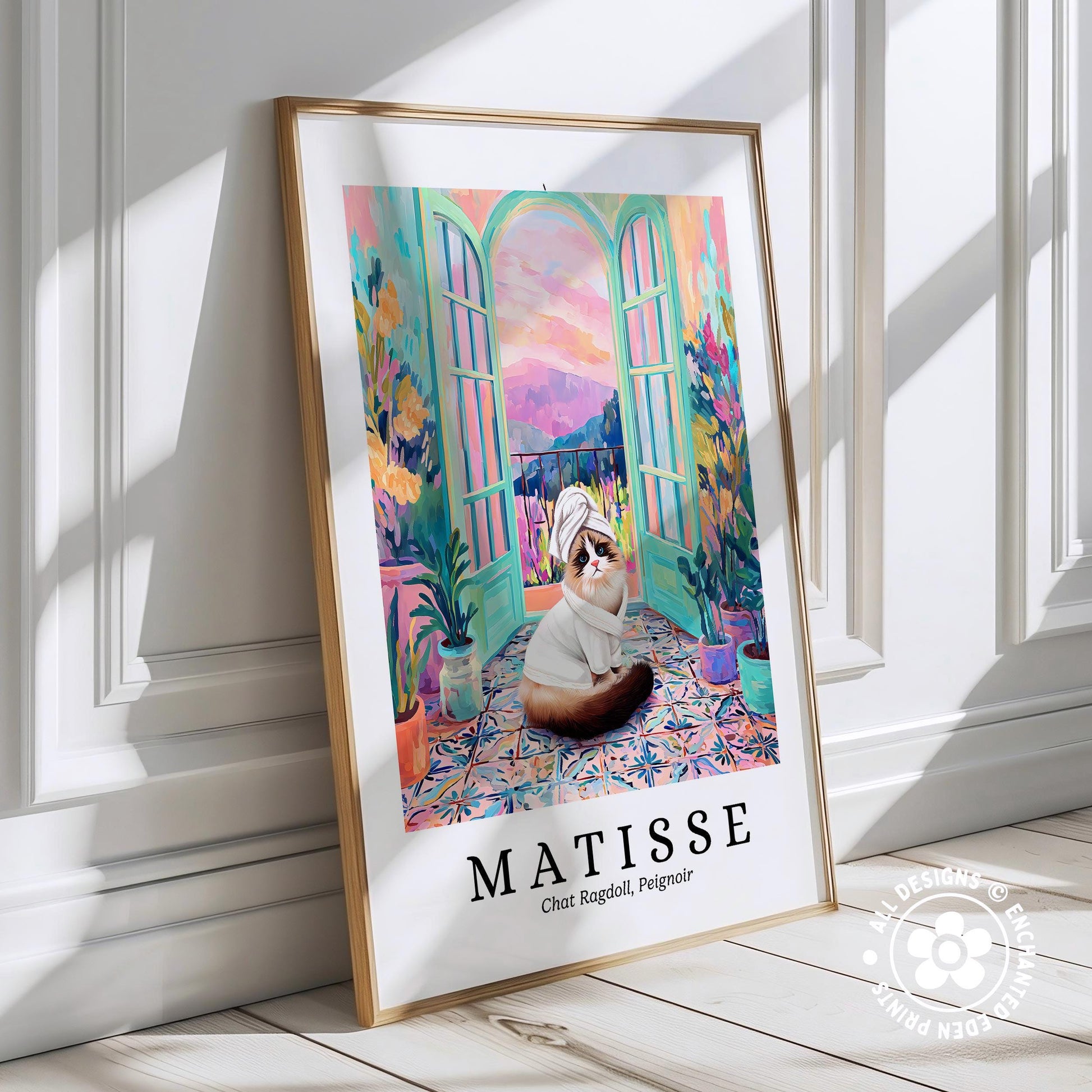 The image is a framed poster featuring a painting of a cat sitting on a colorful rug in a room with a window and plants.