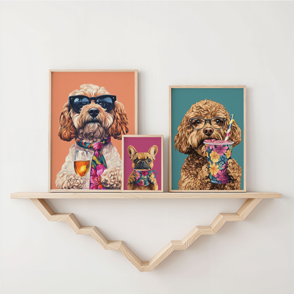 a couple of pictures of dogs on a shelf