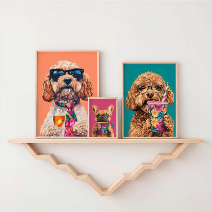 a couple of pictures of dogs on a shelf