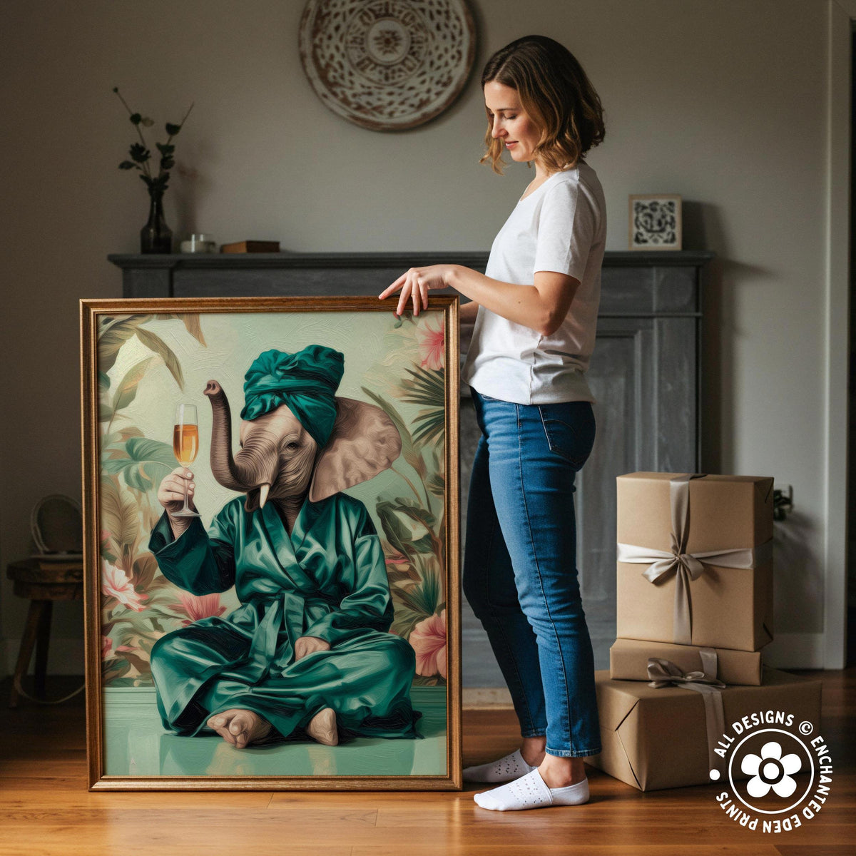 A woman stands next to a large painting of an elephant wearing a green robe and holding a glass of champagne.