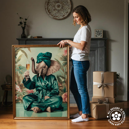 A woman stands next to a large painting of an elephant wearing a green robe and holding a glass of champagne.