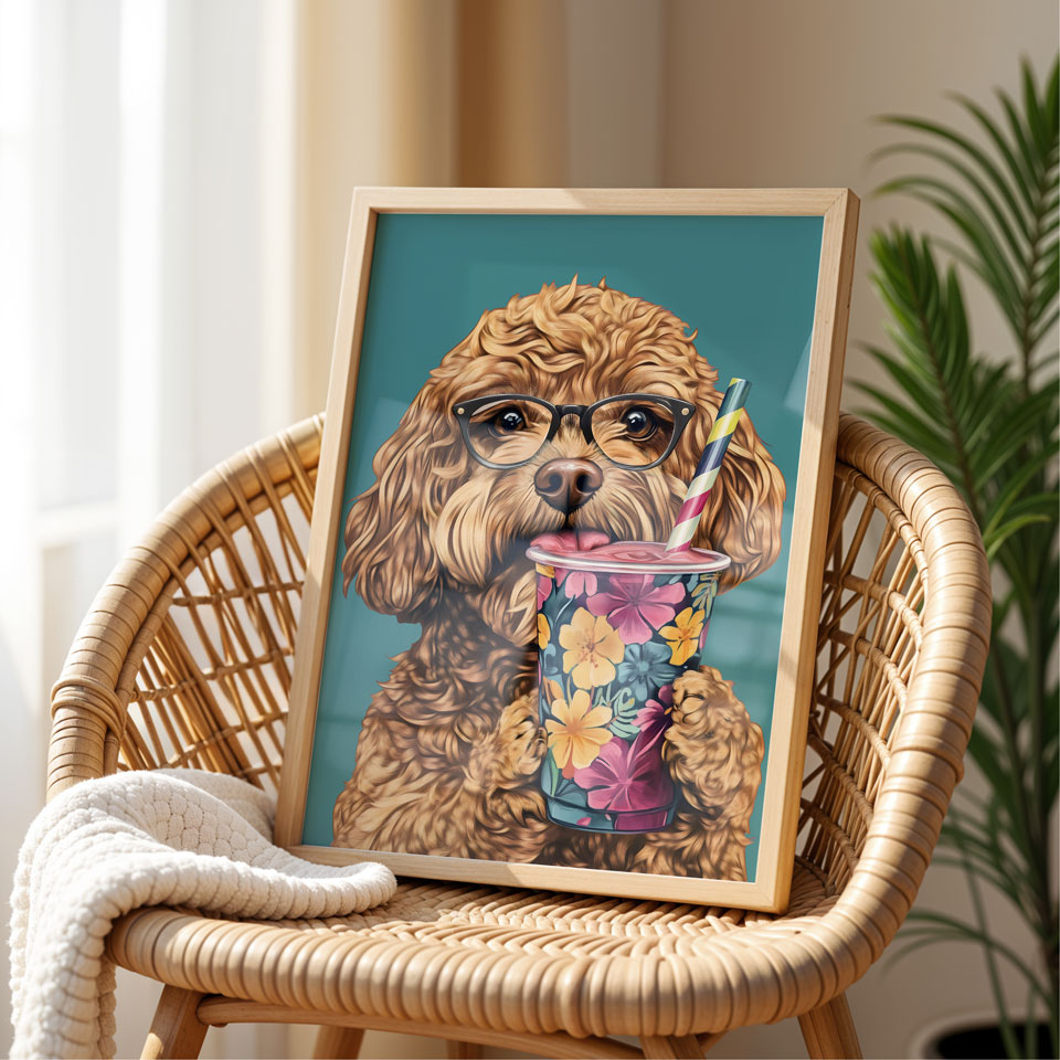a picture of a dog with glasses holding a drink
