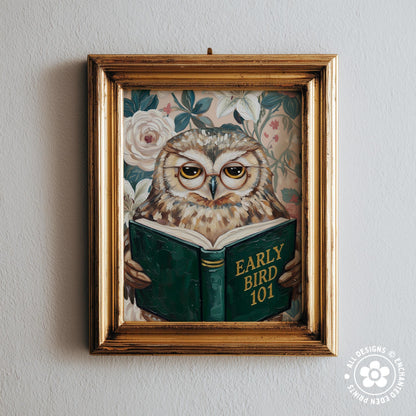 Funny Owl Reading Book Art – Quirky Bird Lover Wall Decor