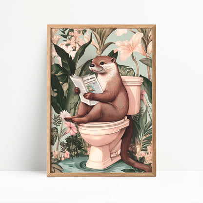 An illustration of an otter sitting on a toilet and reading a newspaper, surrounded by a lush, tropical garden with flowers and foliage.
