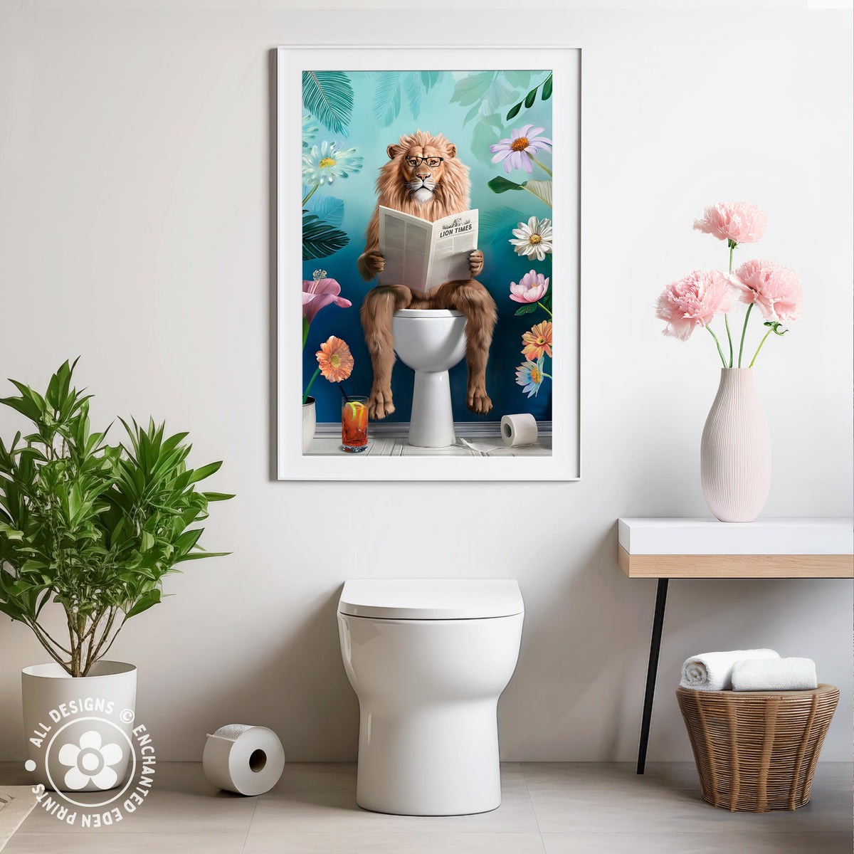 a humorous and whimsical scene of a lion sitting on a toilet and reading a book, surrounded by flowers and plants.