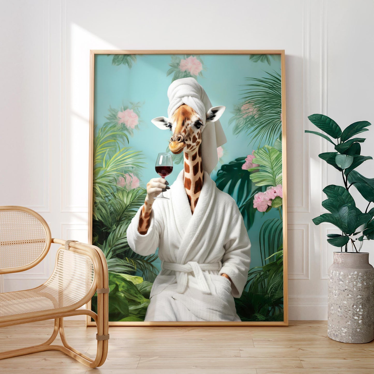 Funny Giraffe in Robe Poster – Tropical Bathroom Wall Art