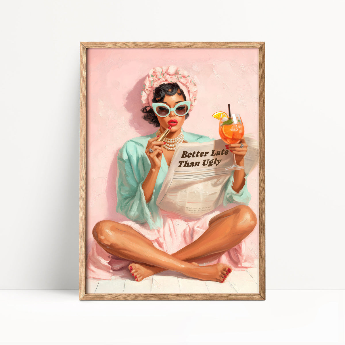 Retro Coquette Wall Art – 1950s “Better Late Than Ugly” Quote Print