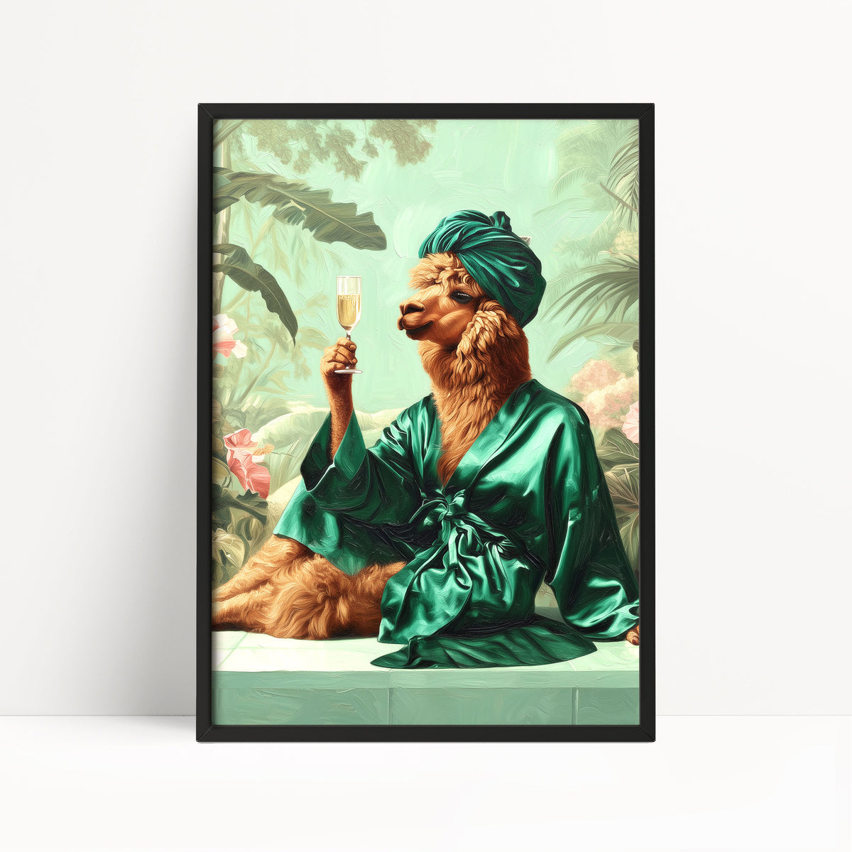 Funny Alpaca in Robe Print: Green Maximalist & Jungle Safari Home Decor
