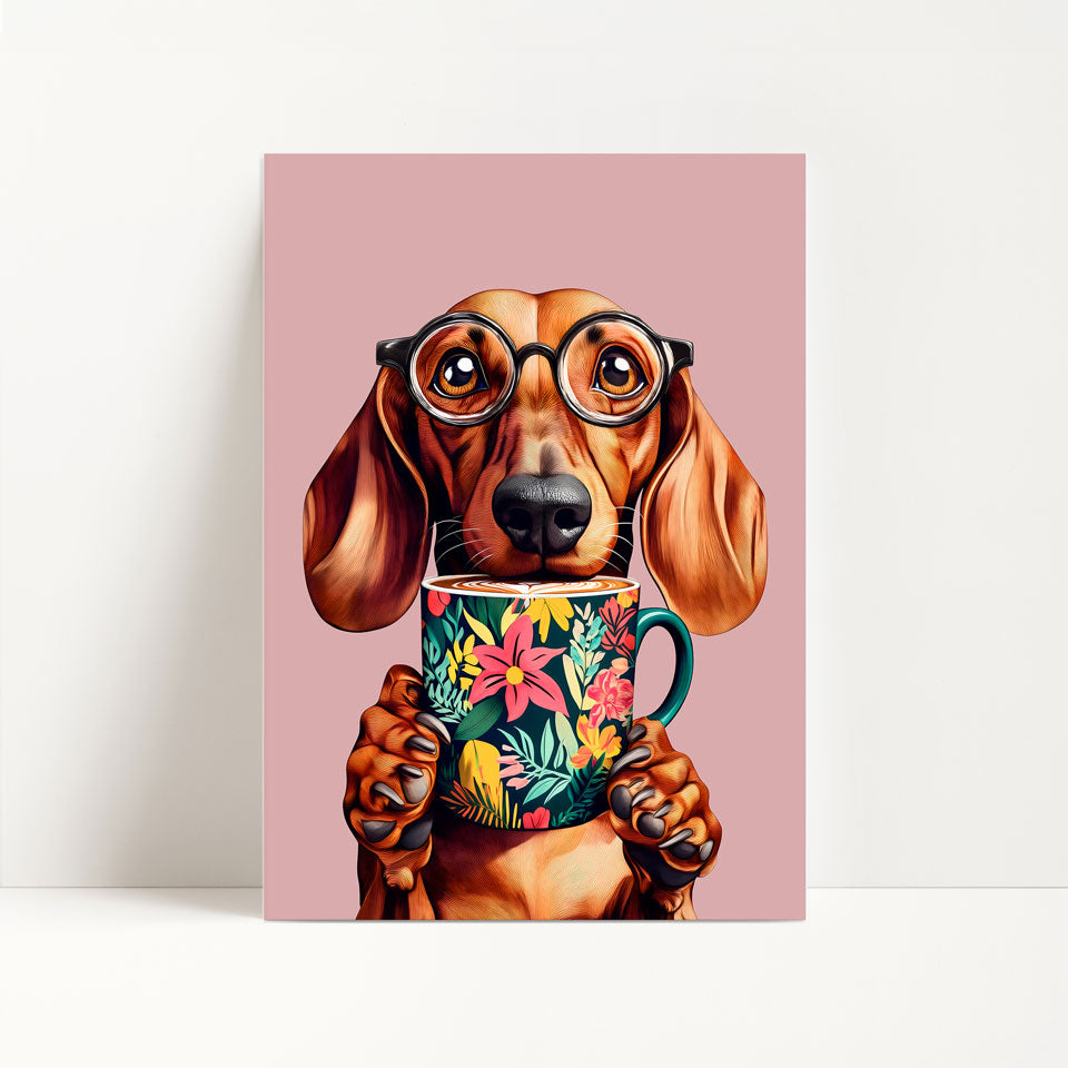 Sausage Dog Drinking Coffee Print