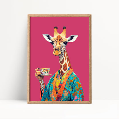 Giraffe Drinking Tea Print