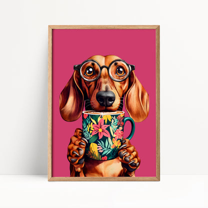 Sausage Dog Drinking Coffee Print