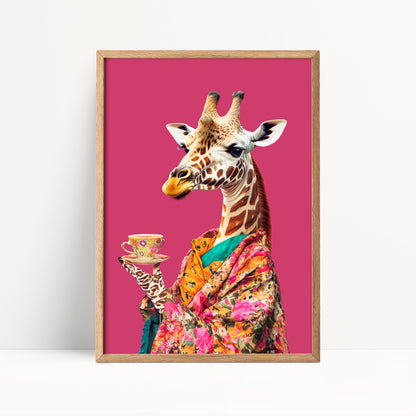 Giraffe Drinking Tea Maximalist Print