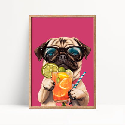 Pug Drinking Cocktail Print