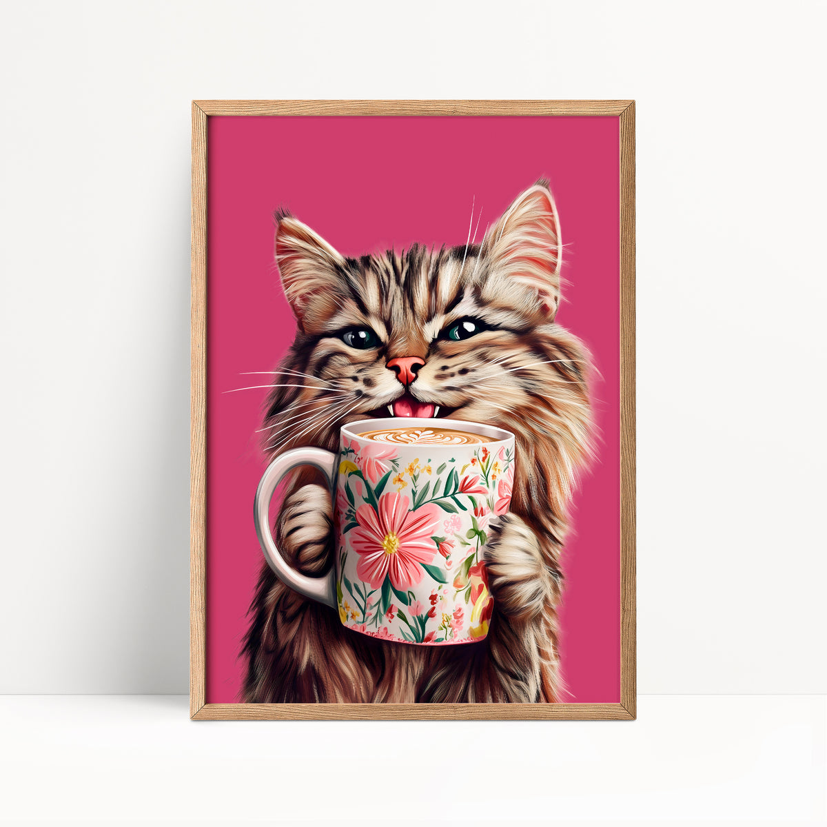 Tabby Cat Drinking Coffee Print