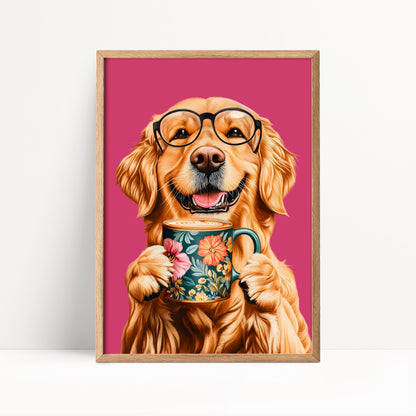 Golden Retriever Drinking Coffee Print