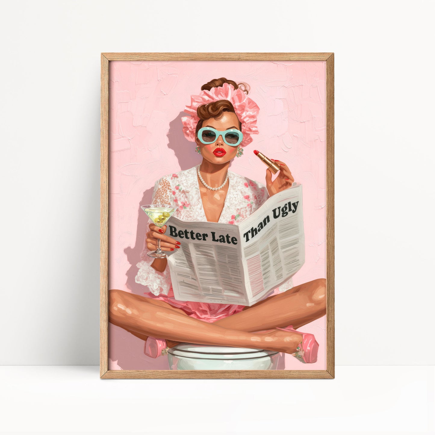 Retro Coquette Wall Art – 1950s “Better Late Than Ugly” Quote Print