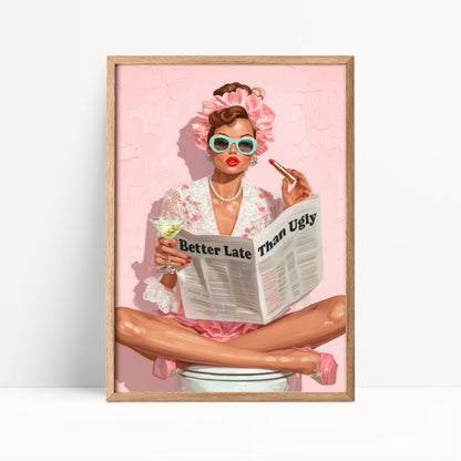 Retro Coquette Wall Art – 1950s “Better Late Than Ugly” Quote Print