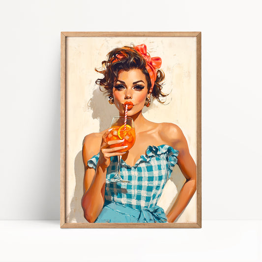 Retro Coquette Wall Art – Aperol Spritz Blue Gingham Print