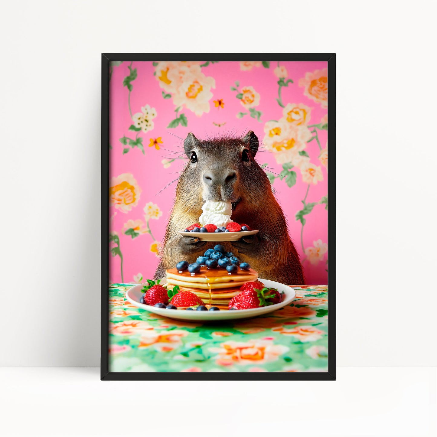 Funny Capybara Eating Pancakes Print – Maximalist Pink Kitchen Wall Art