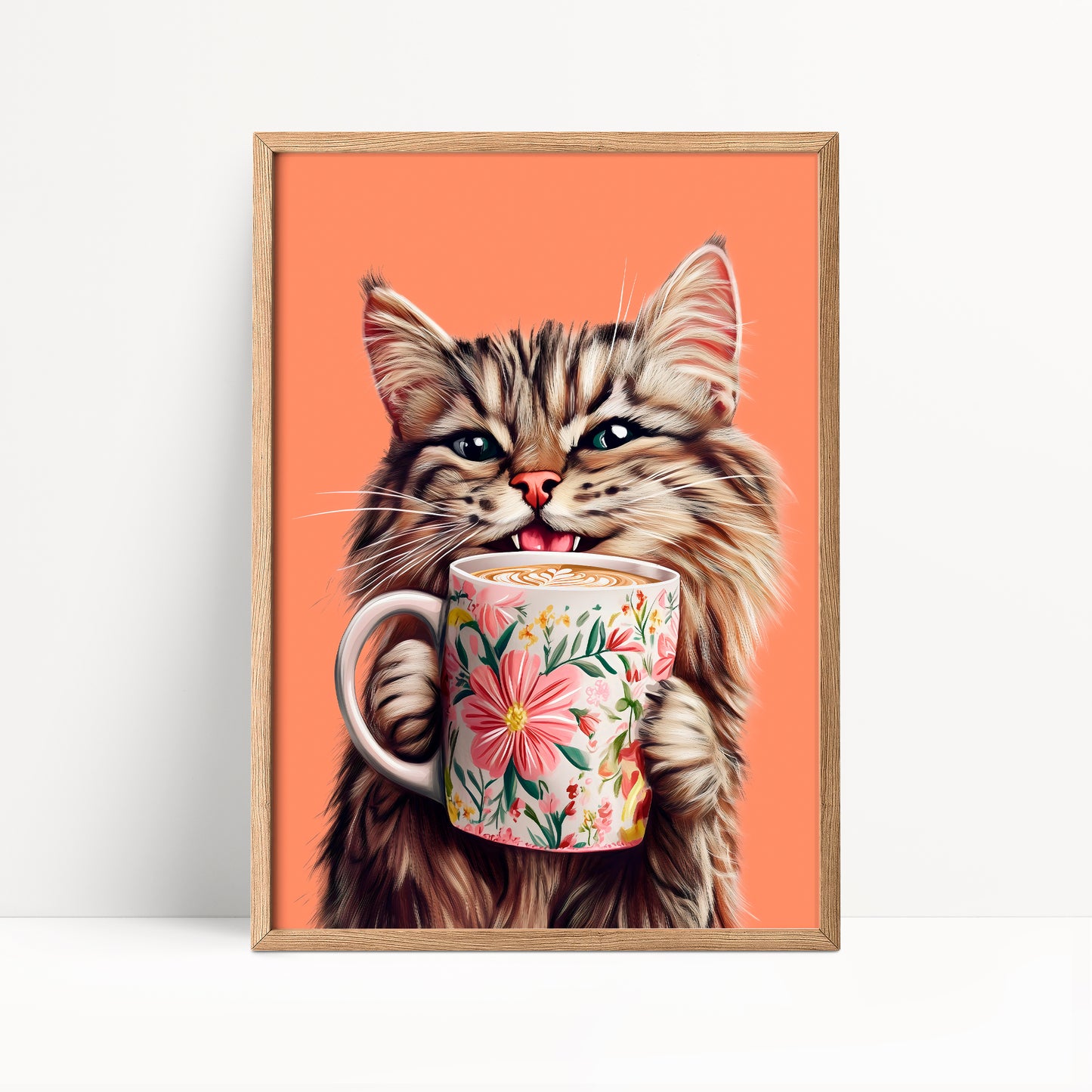Tabby Cat Drinking Coffee Print