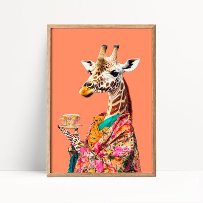 Giraffe Drinking Tea Maximalist Print