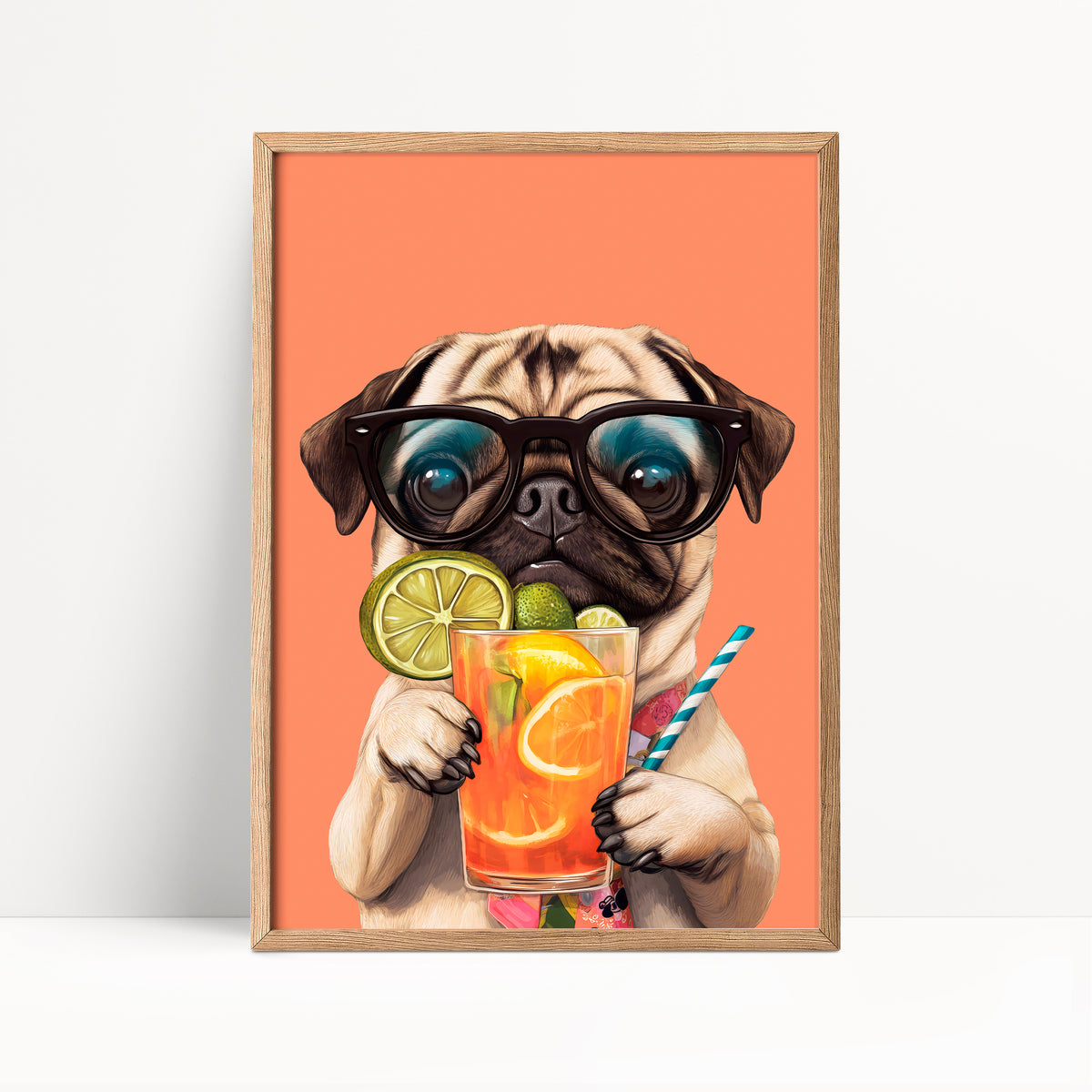 Pug Drinking Cocktail Print
