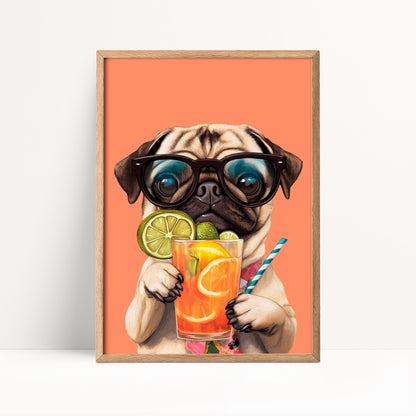Pug Drinking Cocktail Print