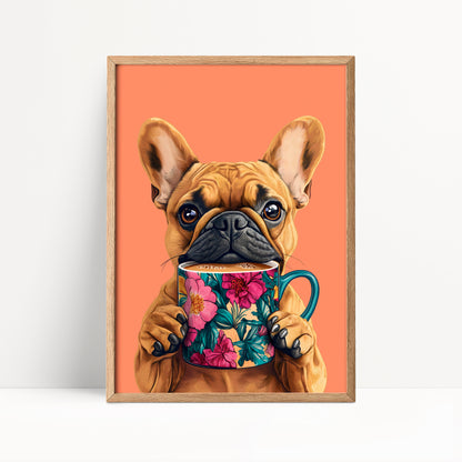 French Bulldog Drinking Coffee Kitchen Print