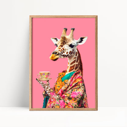Giraffe Drinking Tea Maximalist Print