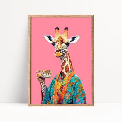 Giraffe Drinking Tea Print