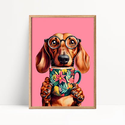 Sausage Dog Drinking Coffee Print