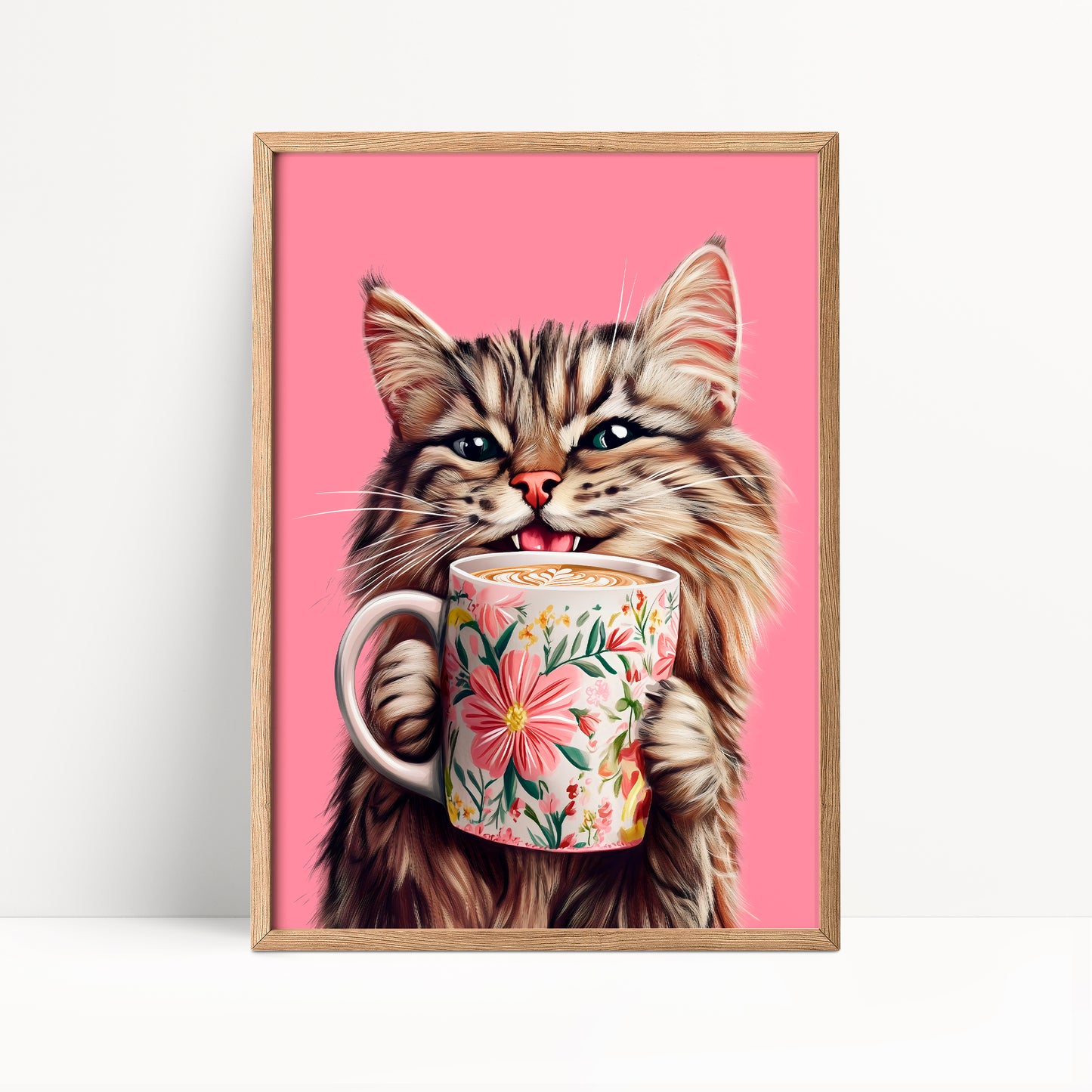 Tabby Cat Drinking Coffee Print
