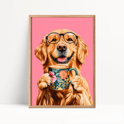 Golden Retriever Drinking Coffee Print