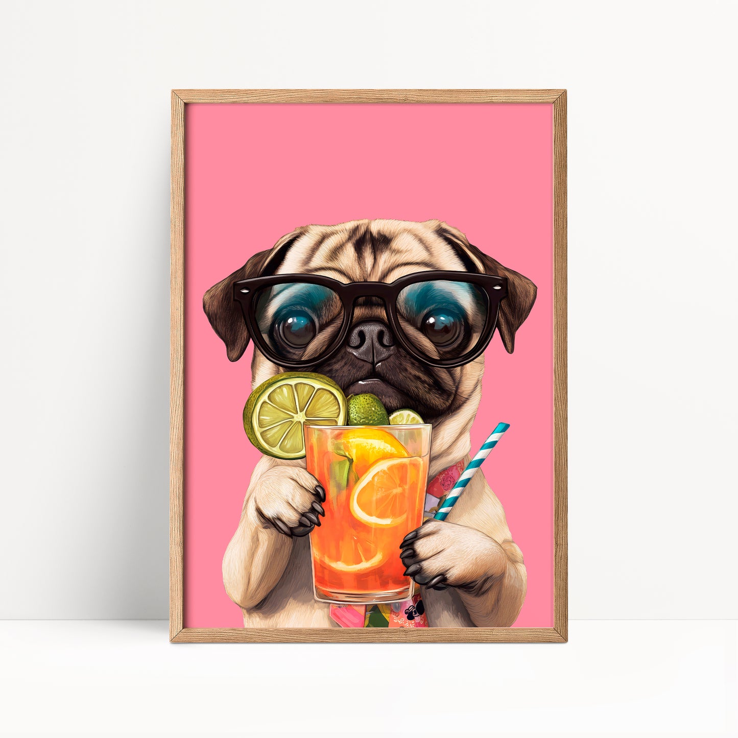 Pug Drinking Cocktail Print