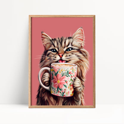 Tabby Cat Drinking Coffee Print