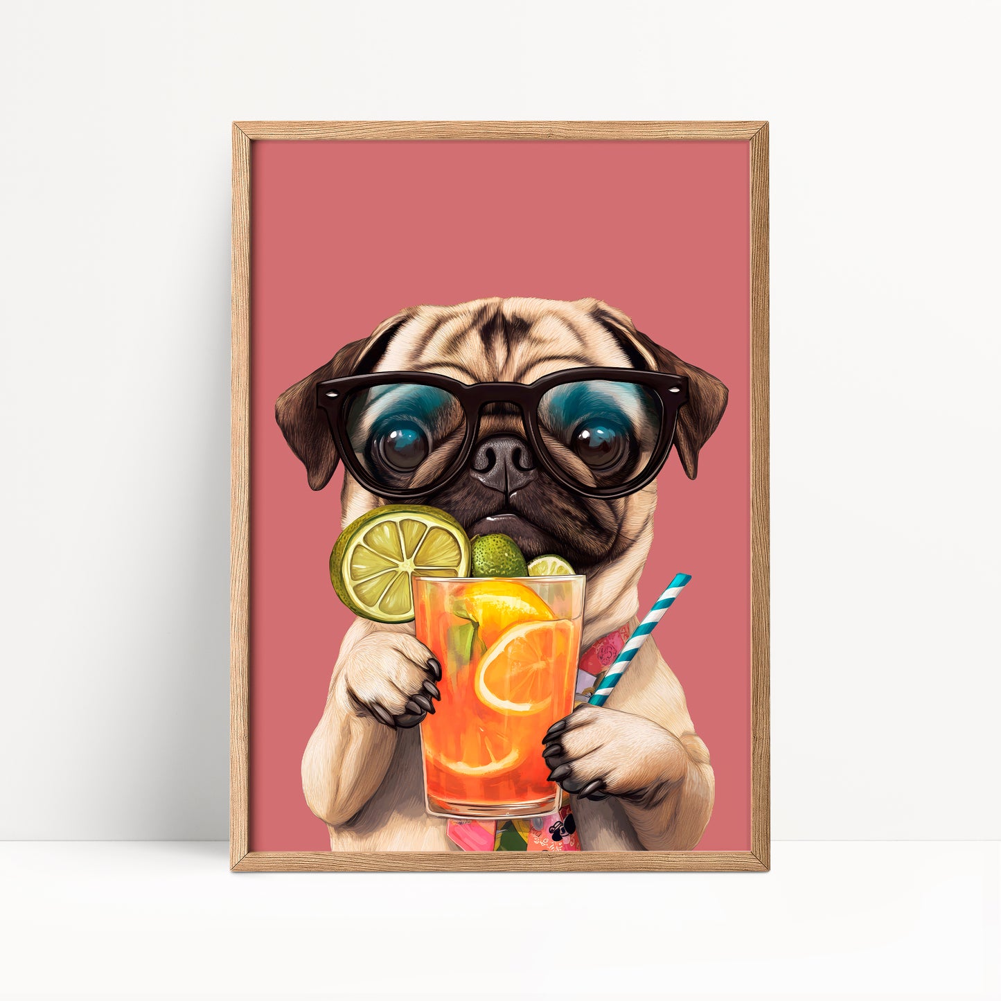 Pug Drinking Cocktail Print